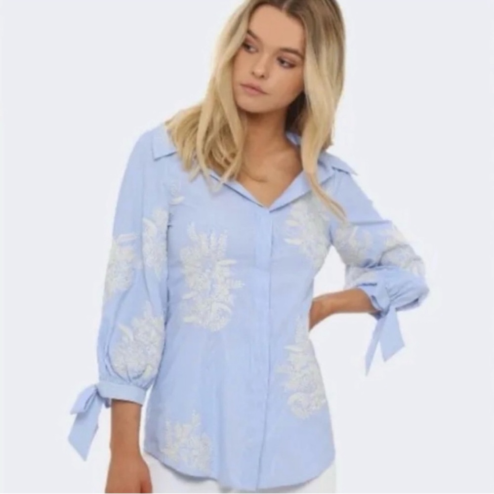 Alice + Olivia Light Blue Blouse with Cream Embroidery - Toro embroidered tie